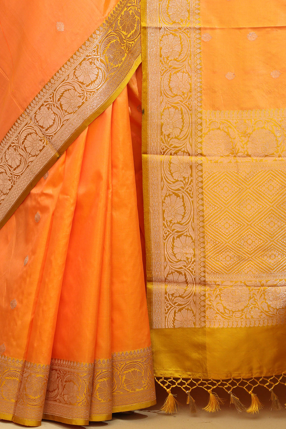 Elegant Orange Banarasi Silk Saree - Handloom Pure Katan - Luxurion World