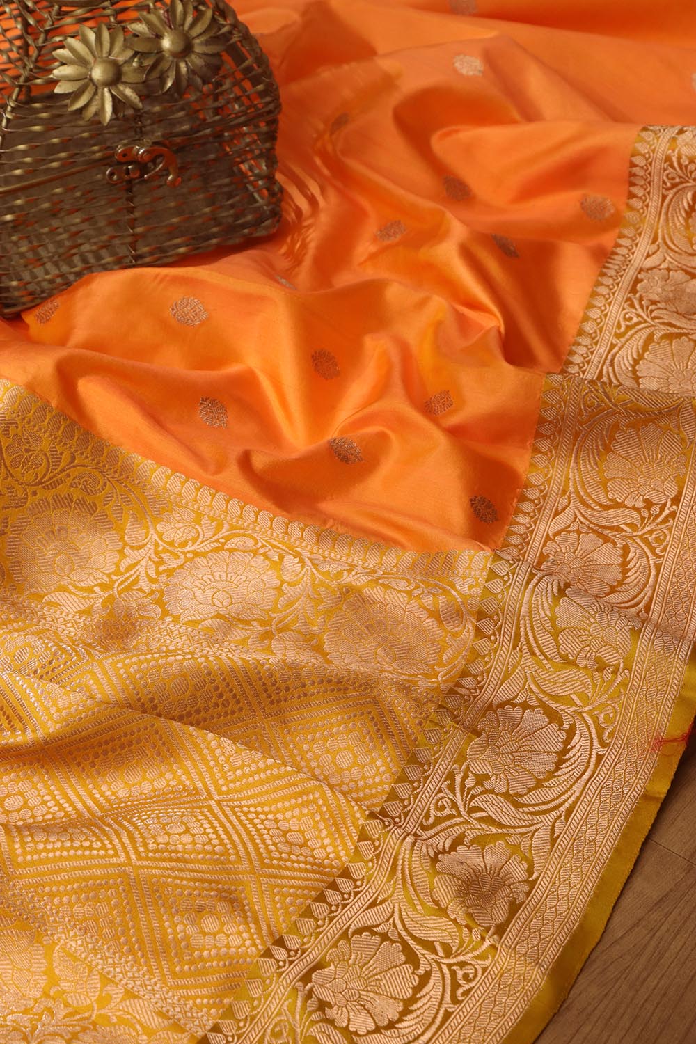 Elegant Orange Banarasi Silk Saree - Handloom Pure Katan - Luxurion World