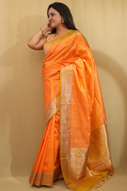 Elegant Orange Banarasi Silk Saree - Handloom Pure Katan - Luxurion World