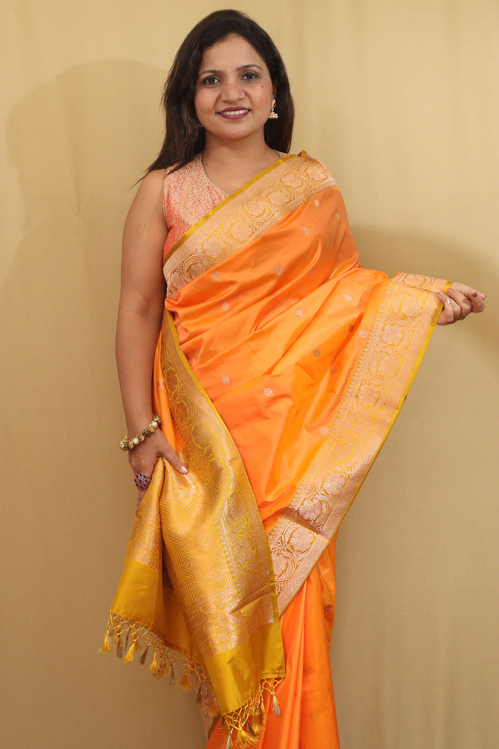 Elegant Orange Banarasi Silk Saree - Handloom Pure Katan - Luxurion World