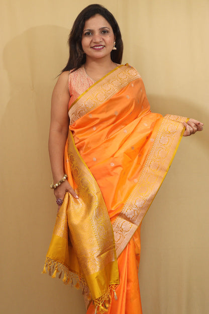Elegant Orange Banarasi Silk Saree - Handloom Pure Katan - Luxurion World