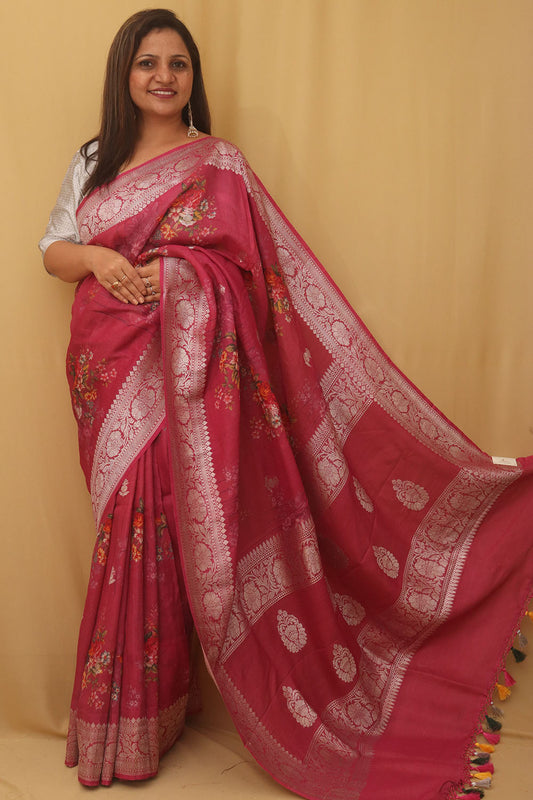 Pink Handloom Banarasi Tussar Georgette Silk Saree - Luxurion World