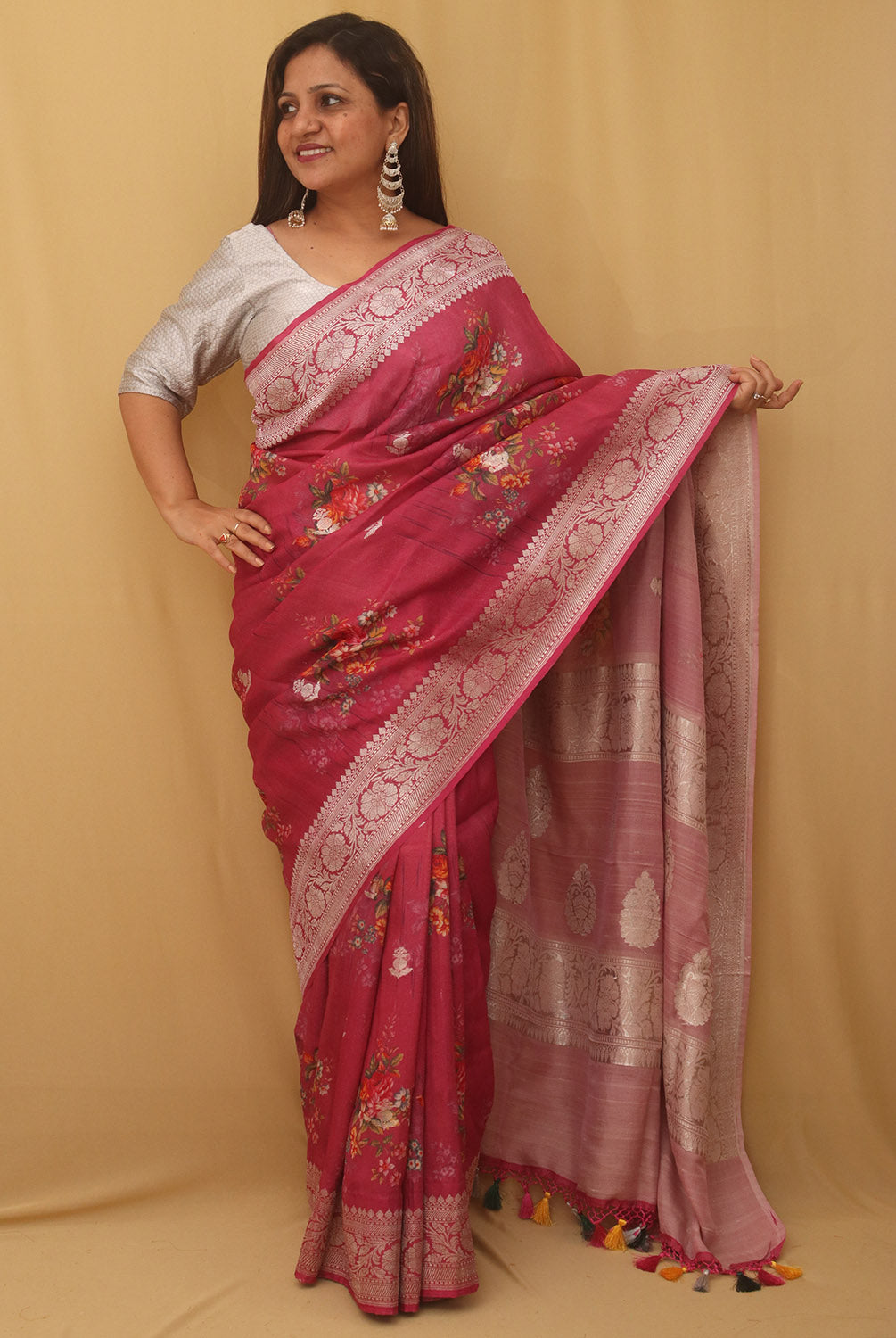 Pink Handloom Banarasi Tussar Georgette Silk Saree - Luxurion World