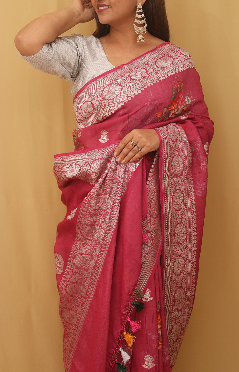 Pink Handloom Banarasi Tussar Georgette Silk Saree - Luxurion World
