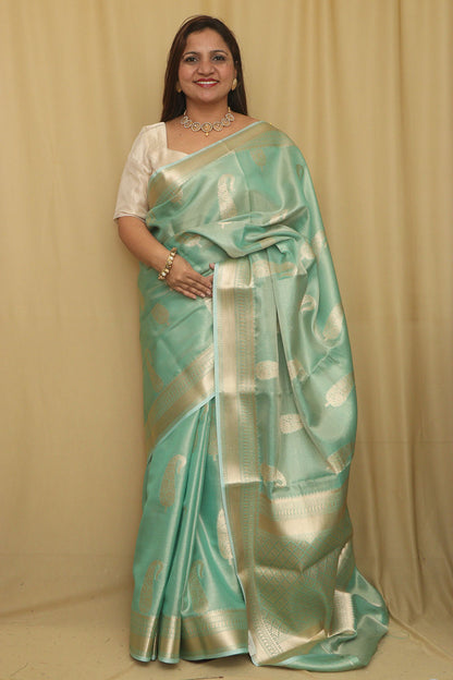 Emerald Elegance: Green Banarasi Tissue Silk Saree - Luxurion World