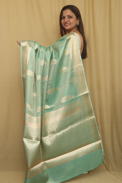 Emerald Elegance: Green Banarasi Tissue Silk Saree - Luxurion World