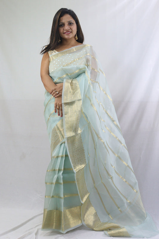 Stylish Blue Handloom Banarasi Kora Silk Saree with Stripes Design - Luxurion World