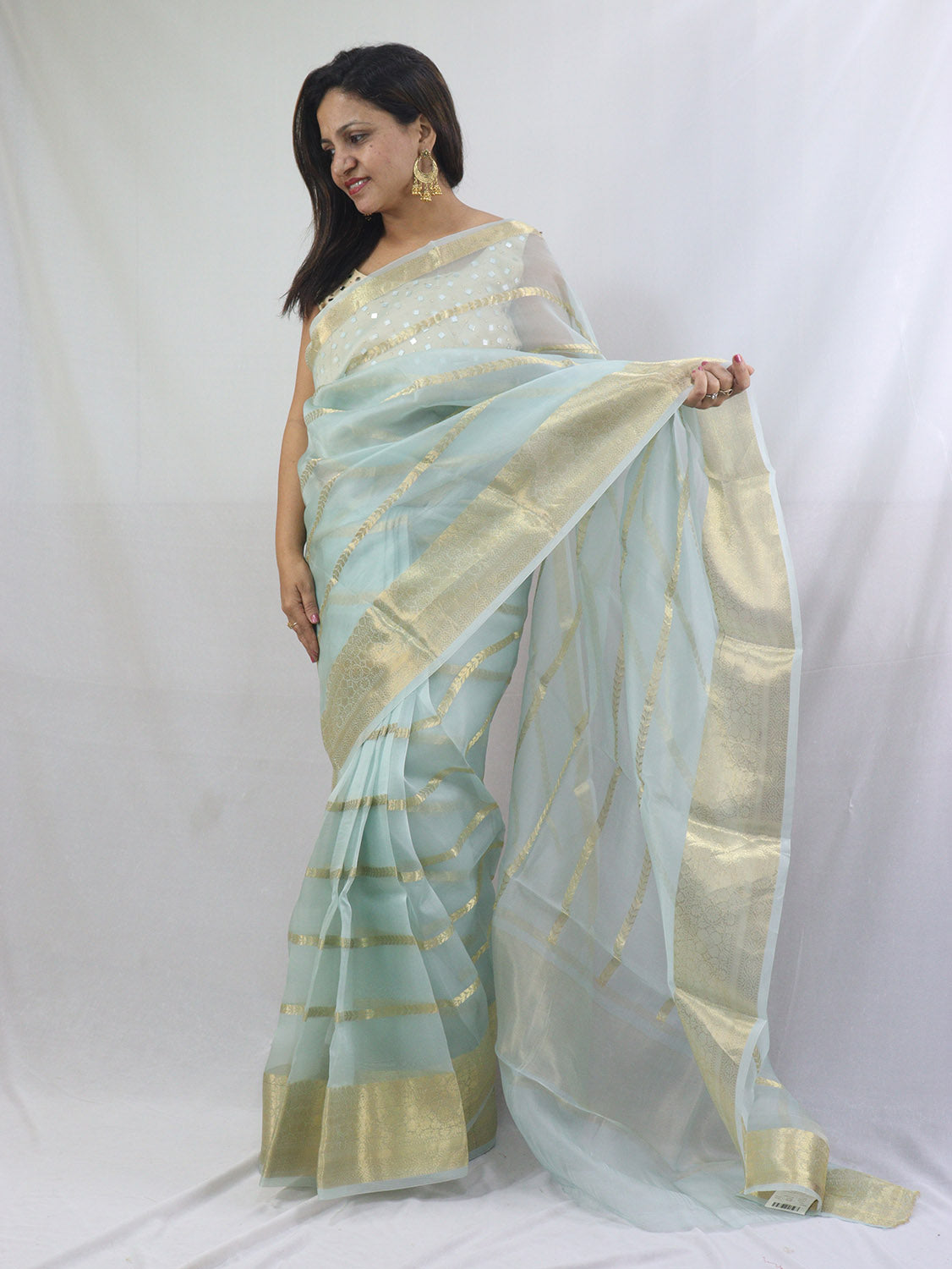 Stylish Blue Handloom Banarasi Kora Silk Saree with Stripes Design
