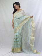 Stylish Blue Handloom Banarasi Kora Silk Saree with Stripes Design - Luxurion World