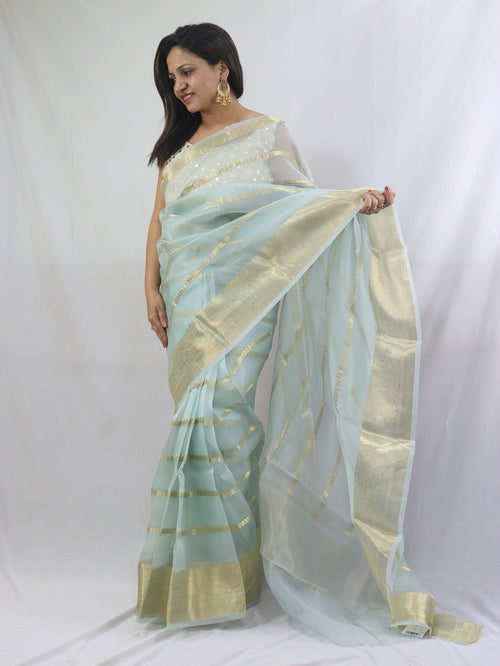 Stylish Blue Handloom Banarasi Kora Silk Saree with Stripes Design - Luxurion World