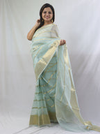 Stylish Blue Handloom Banarasi Kora Silk Saree with Stripes Design - Luxurion World