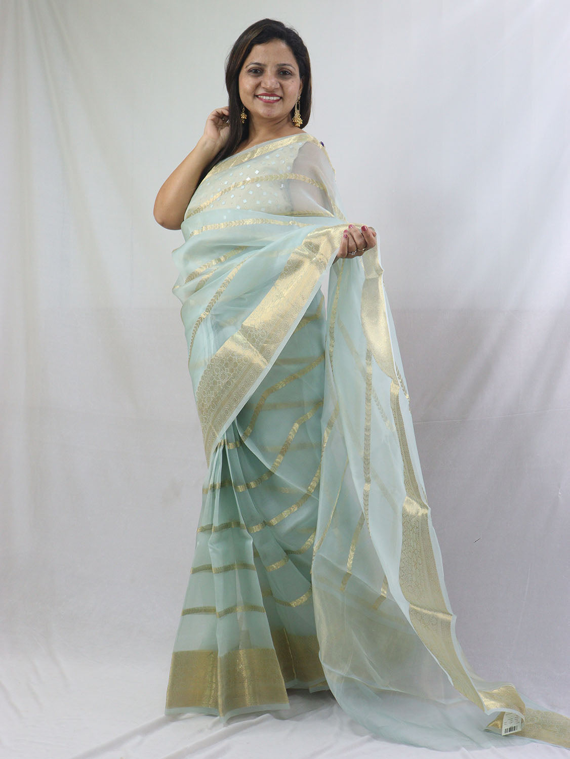 Stylish Blue Handloom Banarasi Kora Silk Saree with Stripes Design - Luxurion World