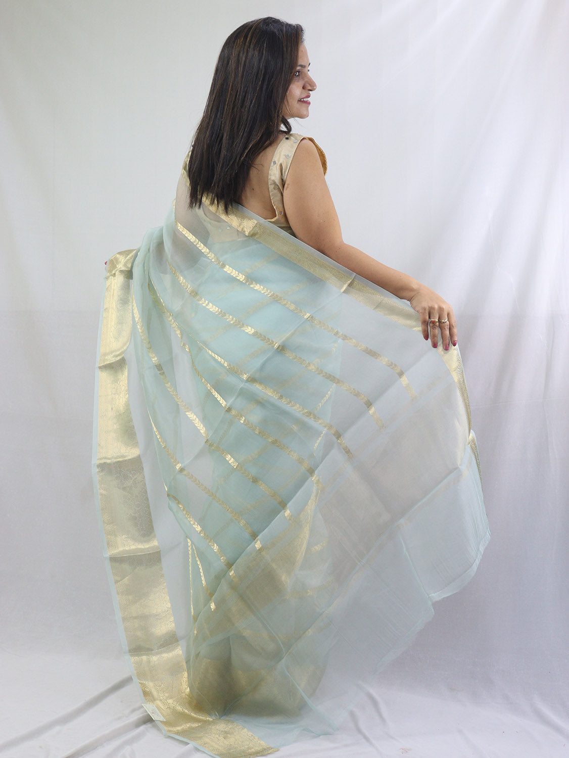Stylish Blue Handloom Banarasi Kora Silk Saree with Stripes Design