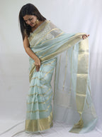 Stylish Blue Handloom Banarasi Kora Silk Saree with Stripes Design - Luxurion World