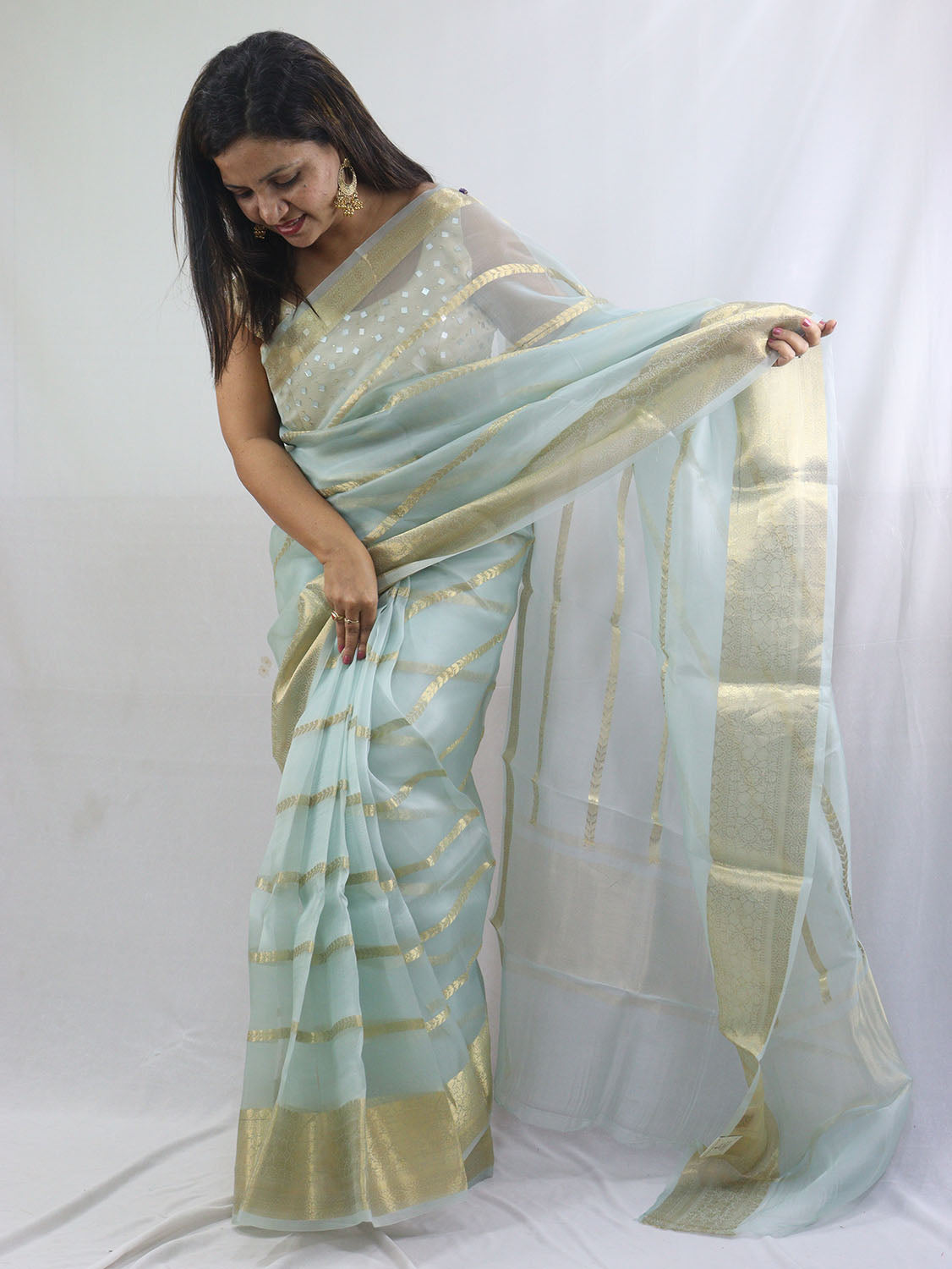 Stylish Blue Handloom Banarasi Kora Silk Saree with Stripes Design - Luxurion World