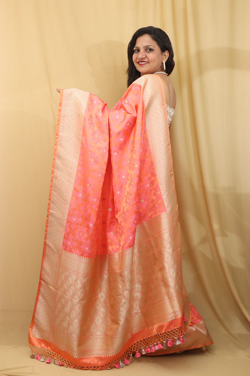 Vibrant Orange & Red Banarasi Silk Saree - Luxurion World