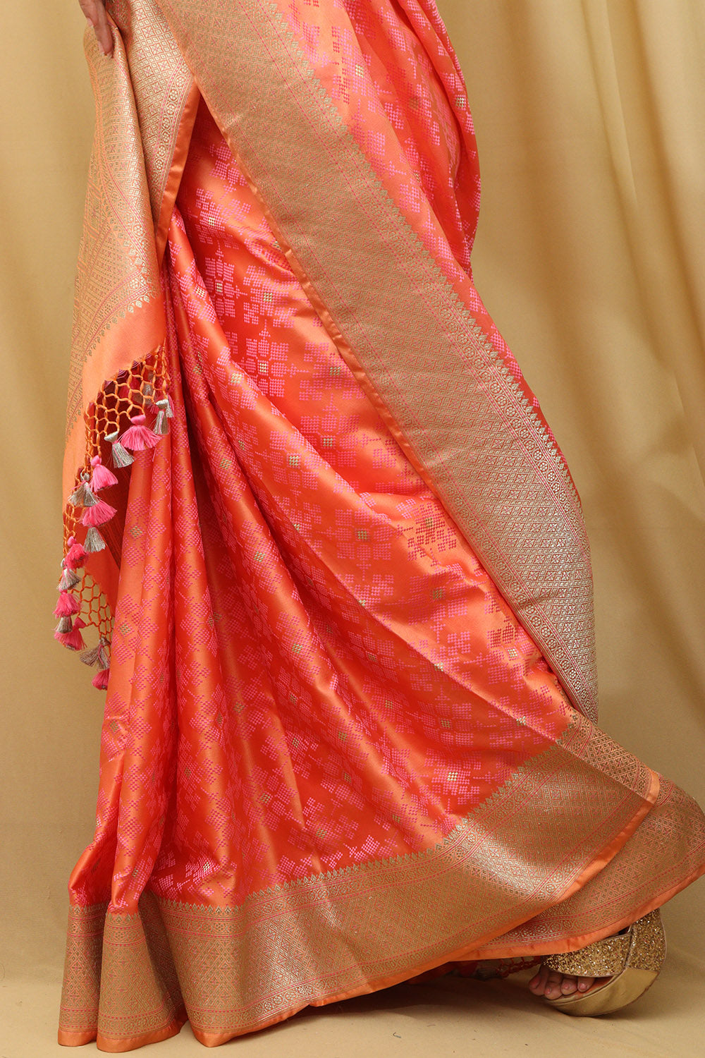 Vibrant Orange & Red Banarasi Silk Saree - Luxurion World