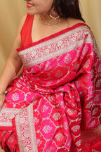 Vibrant Red & Pink Banarasi Silk Saree - Luxurion World