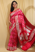 Vibrant Red & Pink Banarasi Silk Saree - Luxurion World