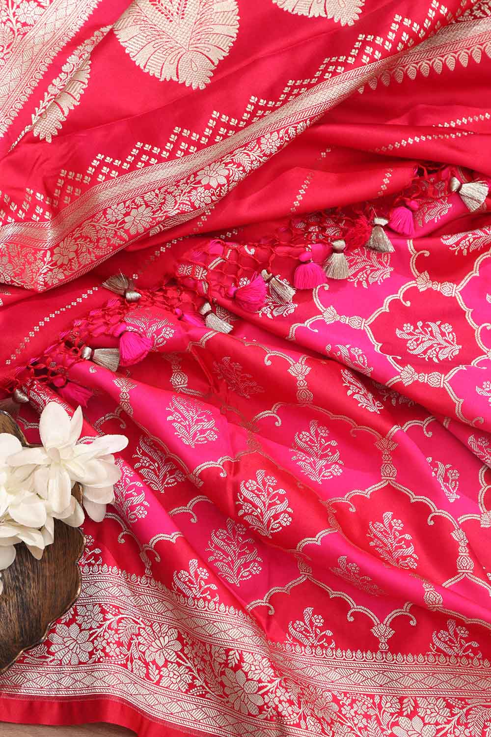 Vibrant Red & Pink Banarasi Silk Saree - Luxurion World