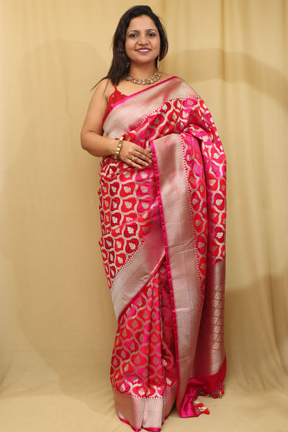Vibrant Red & Pink Banarasi Silk Saree - Luxurion World