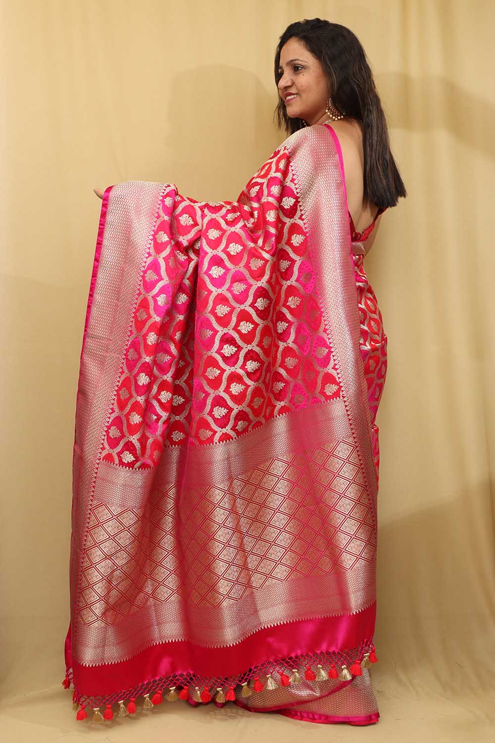 Vibrant Red & Pink Banarasi Silk Saree - Luxurion World