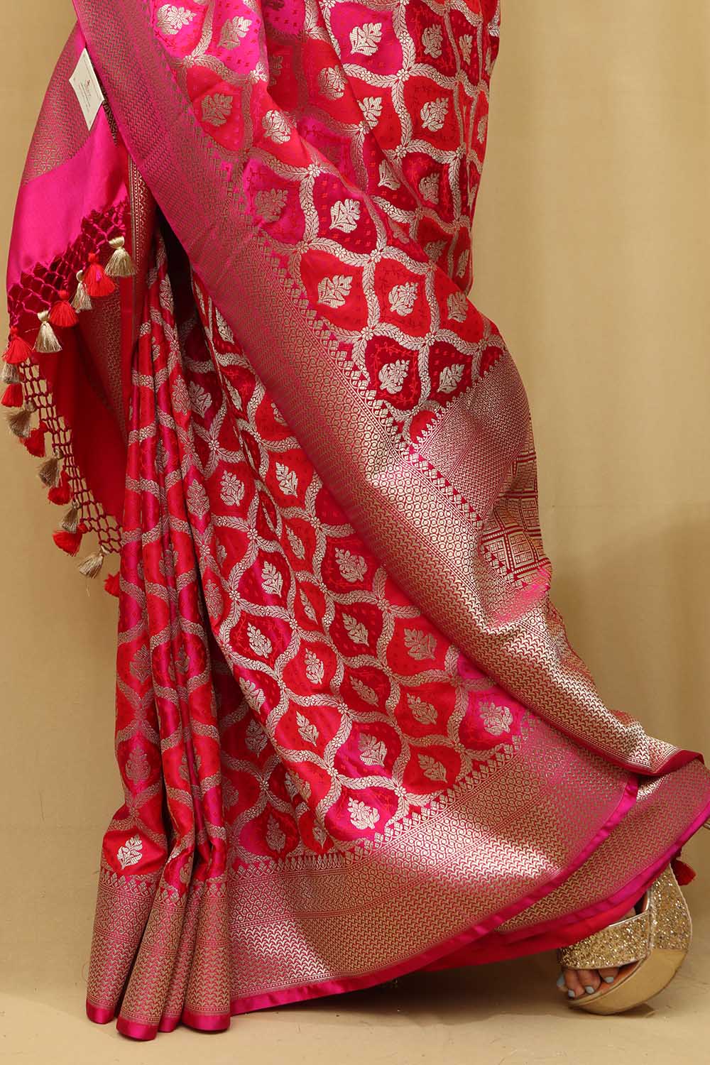 Vibrant Red & Pink Banarasi Silk Saree - Luxurion World