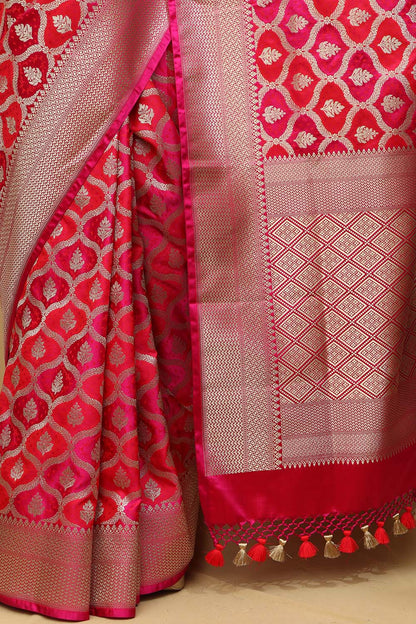 Vibrant Red & Pink Banarasi Silk Saree - Luxurion World