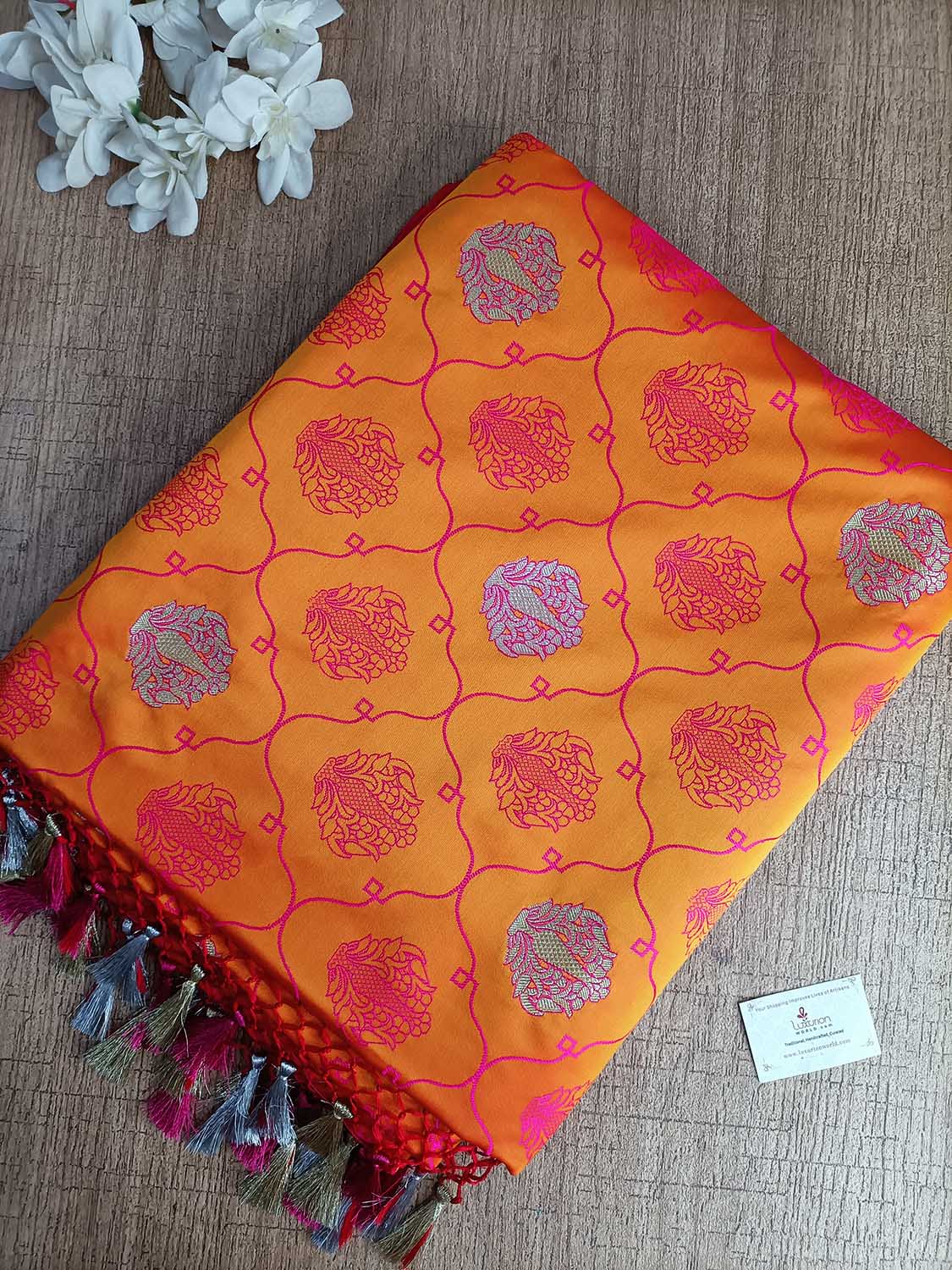 Timeless Beauty: Elegant Orange & Pink Banarasi Silk Saree - Luxurion World