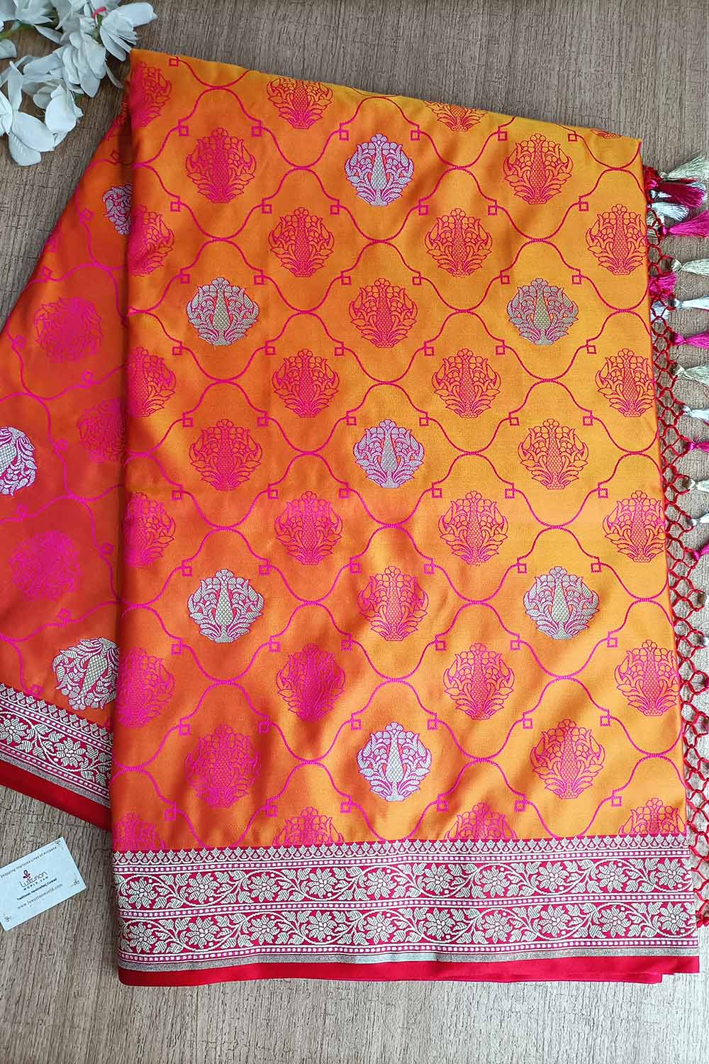 Timeless Beauty: Elegant Orange & Pink Banarasi Silk Saree - Luxurion World