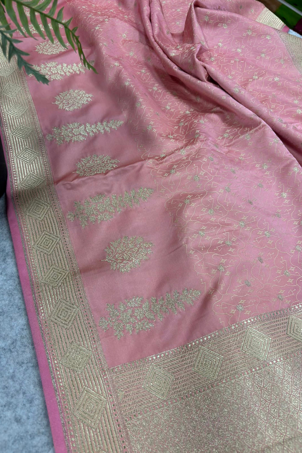 Pink Banarasi Silk Flower Design Saree