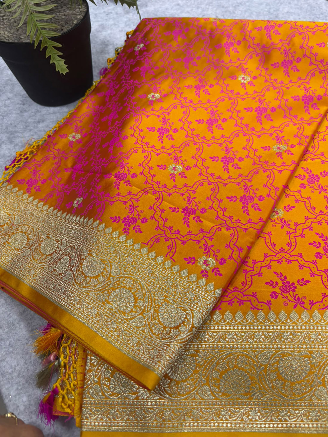 Orange Shot Banarasi Silk Flower Design Saree