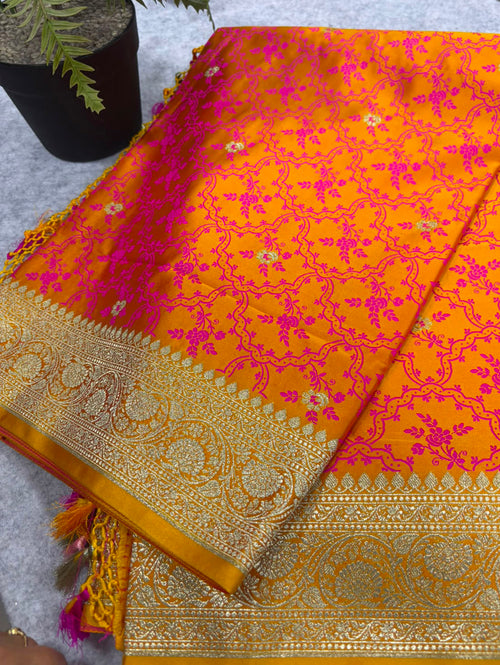 Orange Shot Banarasi Silk Flower Design Saree
