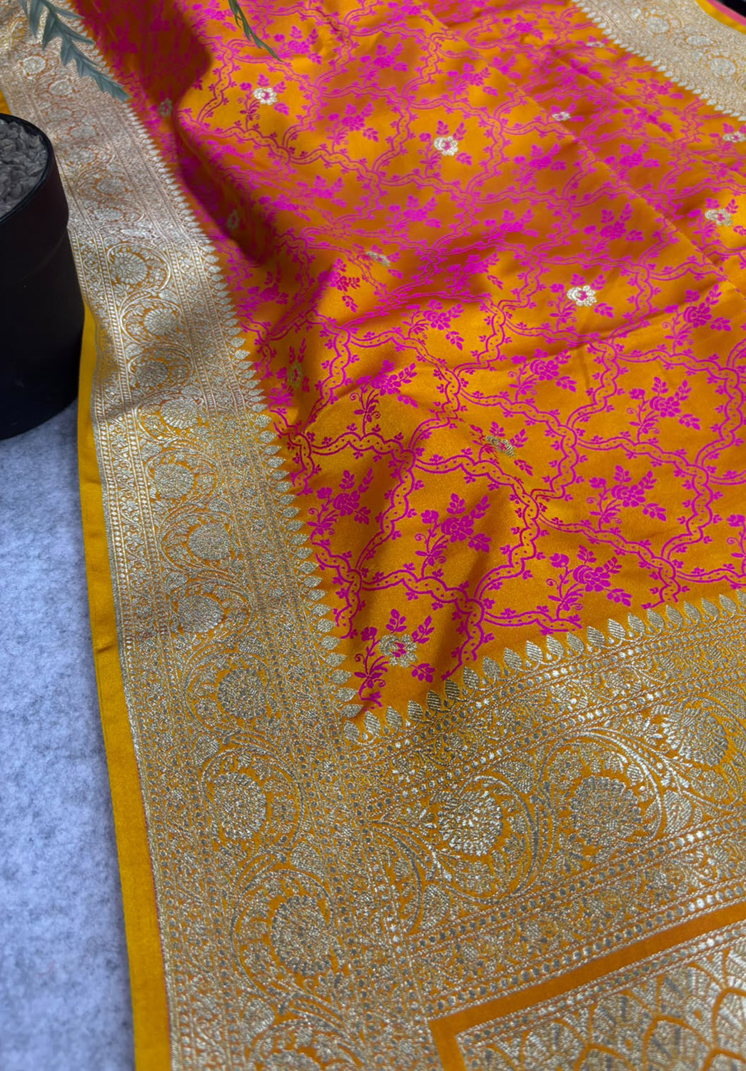 Orange Shot Banarasi Silk Flower Design Saree