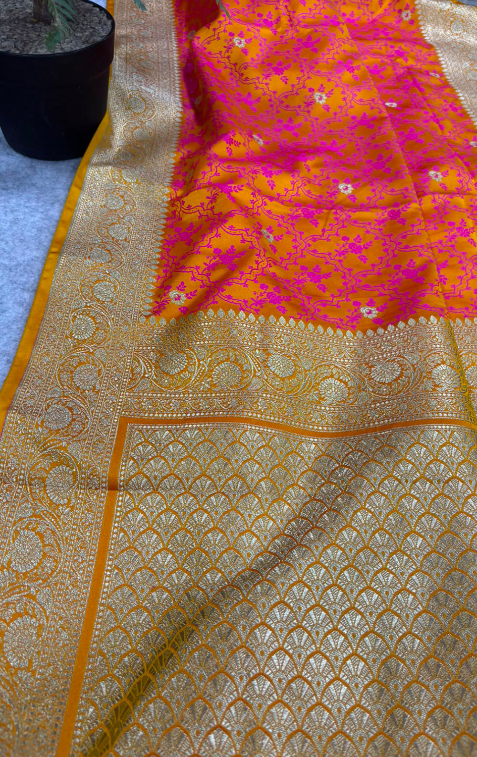Orange Shot Banarasi Silk Flower Design Saree
