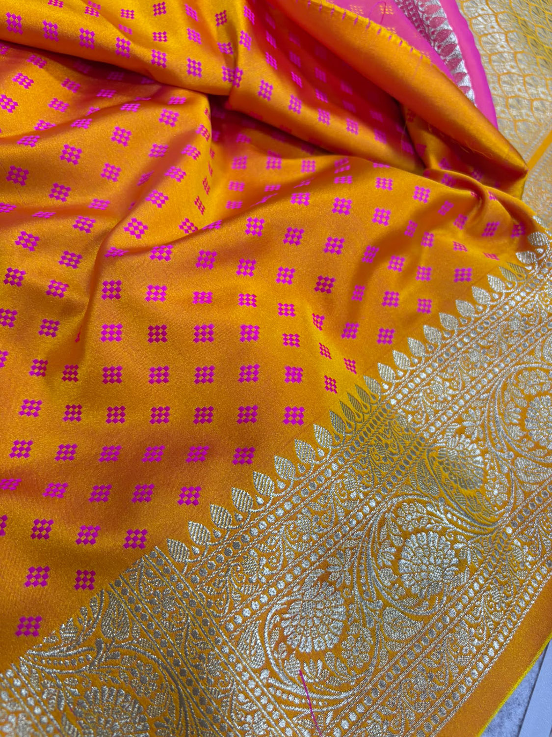 Orange Shot Banarasi Silk Flower Design Saree