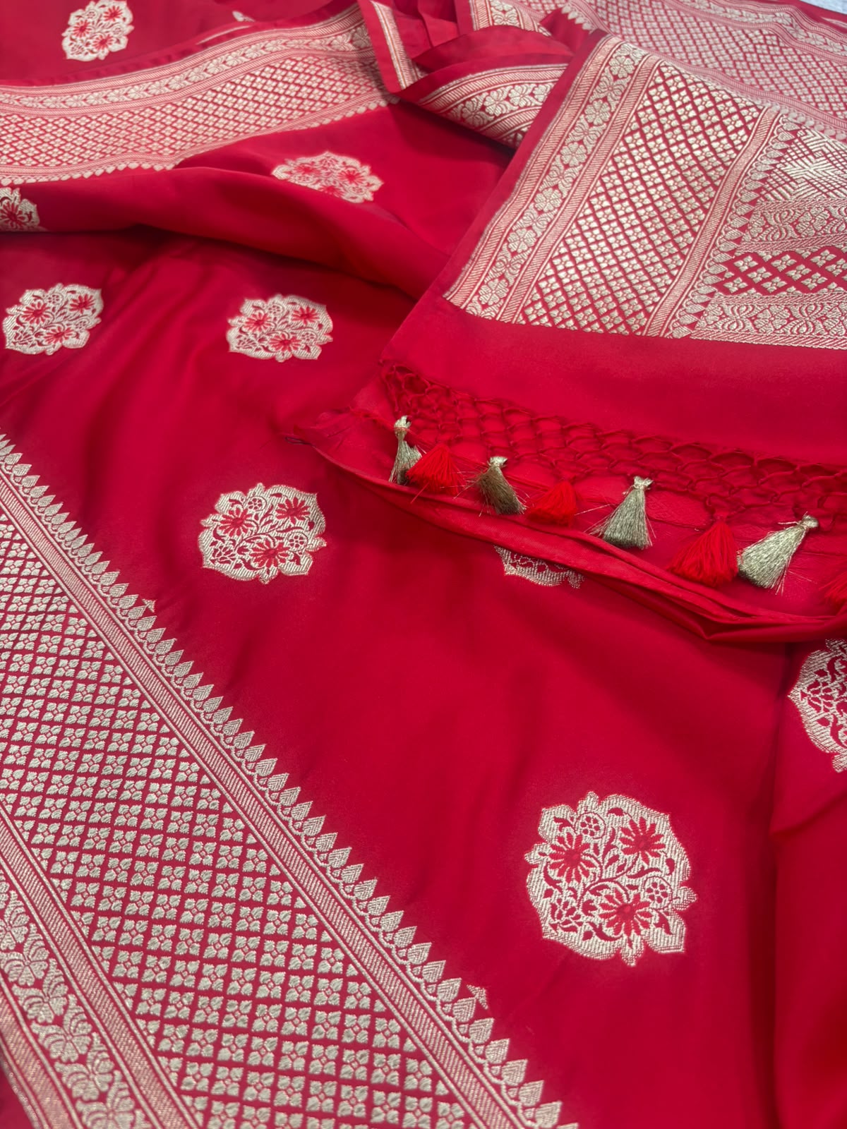 Red Banarasi Silk Flower Design Saree