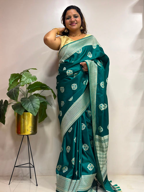 Green Banarasi Mashru Silk Saree — Meenakari Zari Florals, Wedding