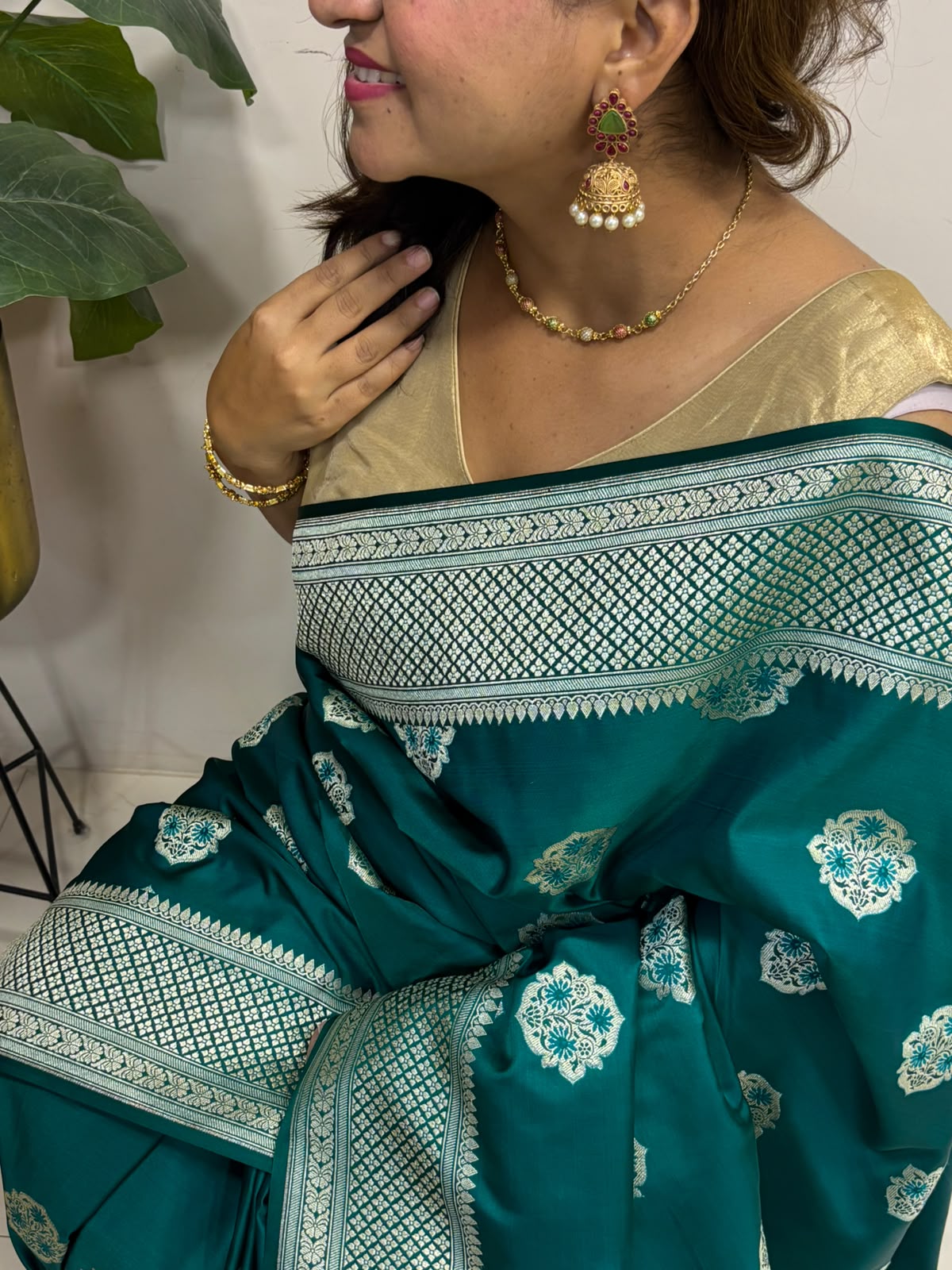 Green Banarasi Mashru Silk Saree — Meenakari Zari Florals, Wedding
