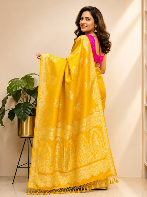 Yellow Banarasi Mashru Silk Saree — Zari Florals & Checks, Festive