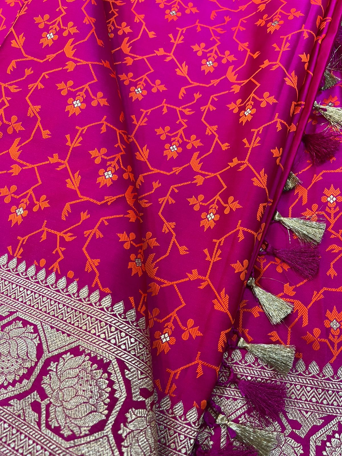 Pink Banarasi Mashru Silk Saree — Flower Design, Festive & Wedding