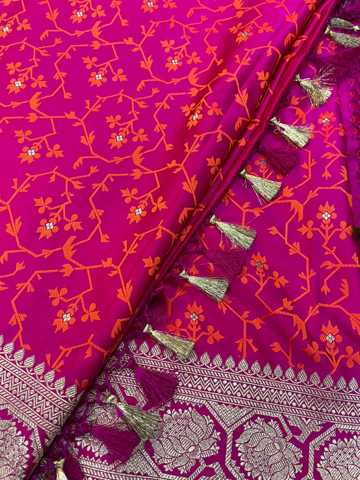 Pink Banarasi Mashru Silk Saree — Flower Design, Festive & Wedding