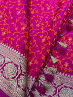 Pink Banarasi Mashru Silk Saree — Flower Design, Festive & Wedding
