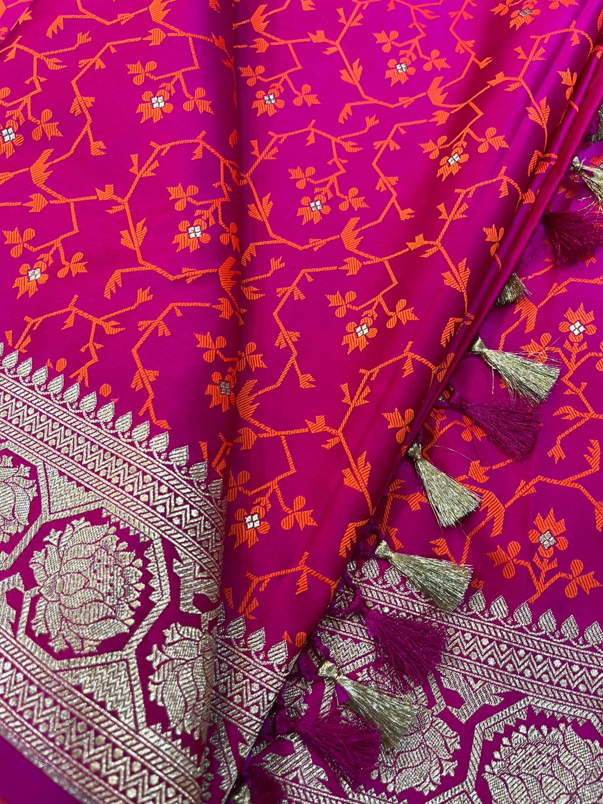 Pink Banarasi Mashru Silk Saree — Flower Design, Festive & Wedding