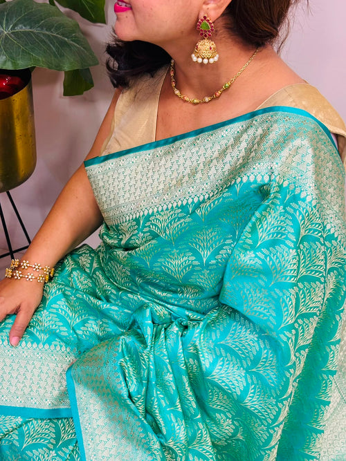 Blue Banarasi Mashru Silk Saree — Handwoven, Festive & Wedding