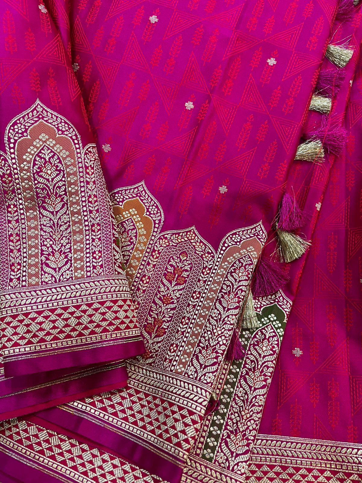 Pink Banarasi Mashru Silk Saree — Flower Design Meenakari, Wedding