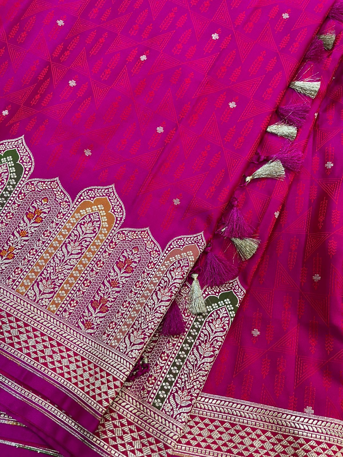 Pink Banarasi Mashru Silk Saree — Flower Design Meenakari, Wedding