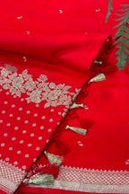 Red Banarasi Mashru Silk Saree — Flower Design, Festive & Bridal