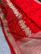 Red Banarasi Mashru Silk Saree — Flower Design, Festive & Bridal