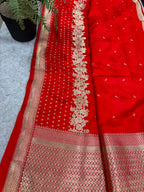 Red Banarasi Mashru Silk Saree — Flower Design, Festive & Bridal
